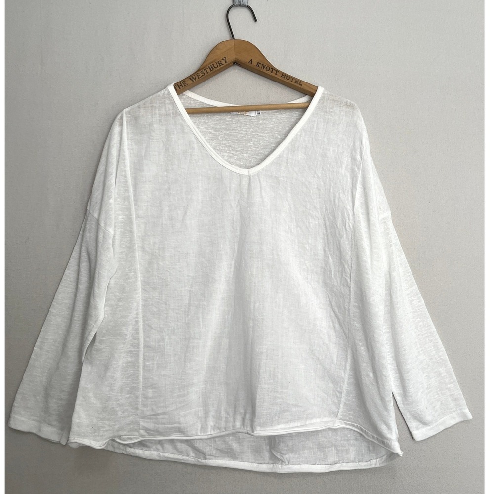 Me & Gee White 100% Linen V-Neck Oversized Tunic Top Made in Italy Large